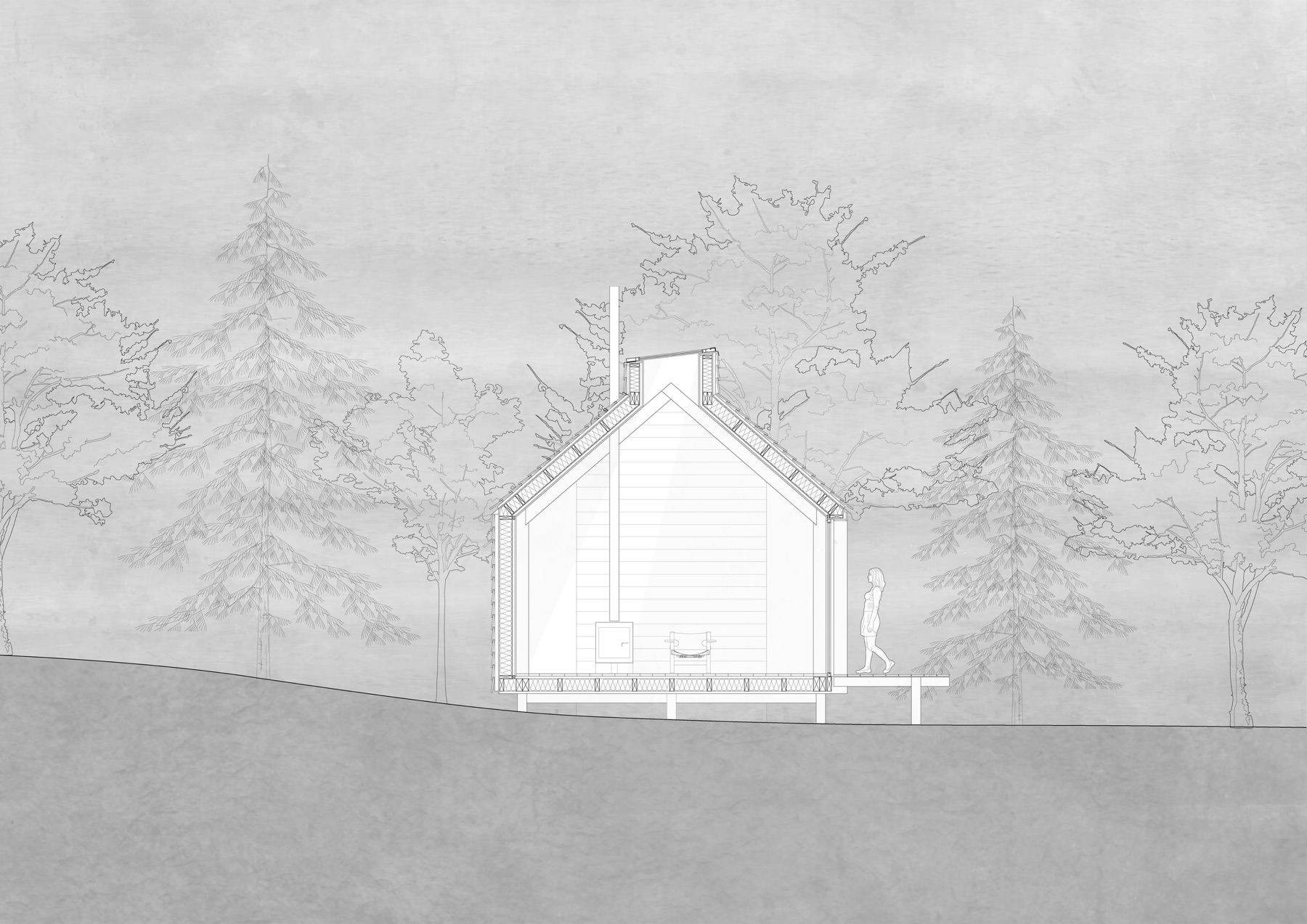 Snit af hævet skovhytte i naturterræn