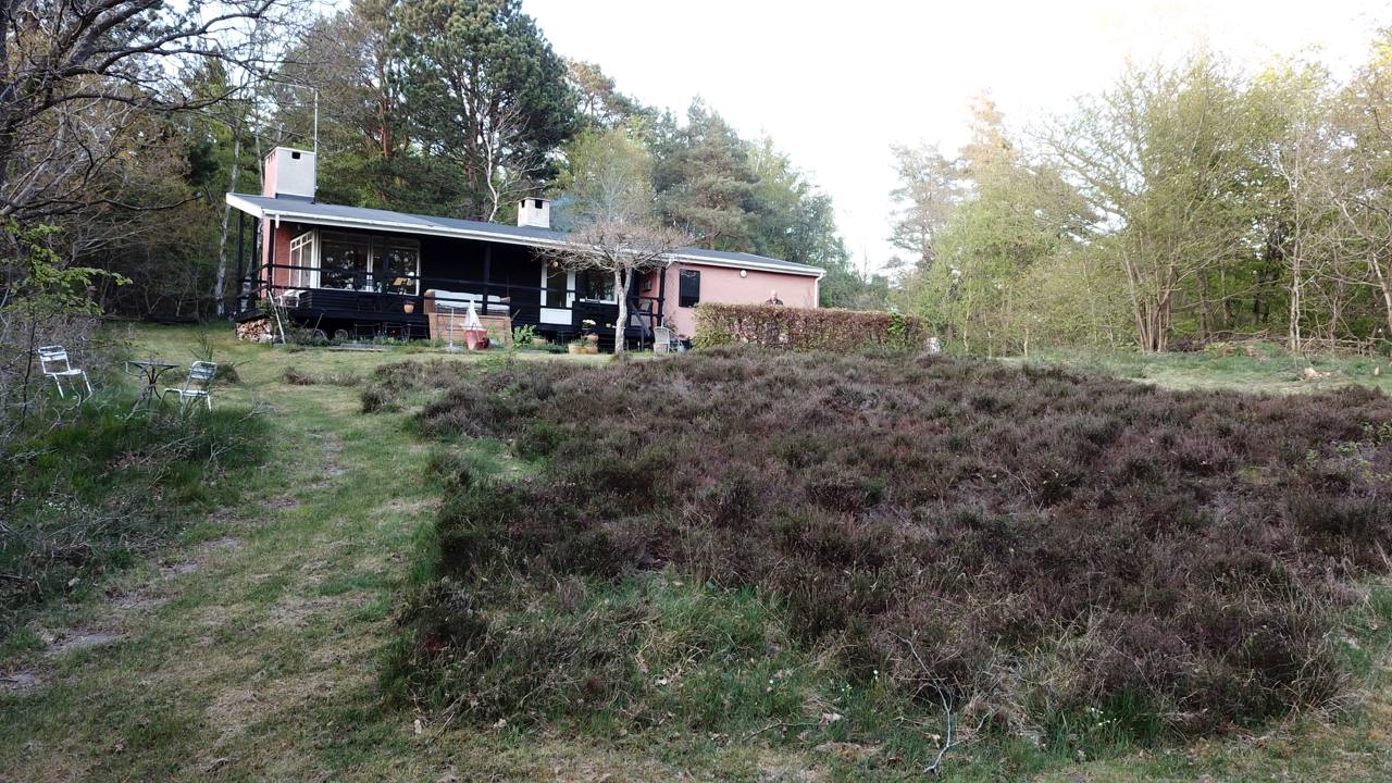 Sommerhus set fra haven med terrasse, hede og skov ved Ebeltoft